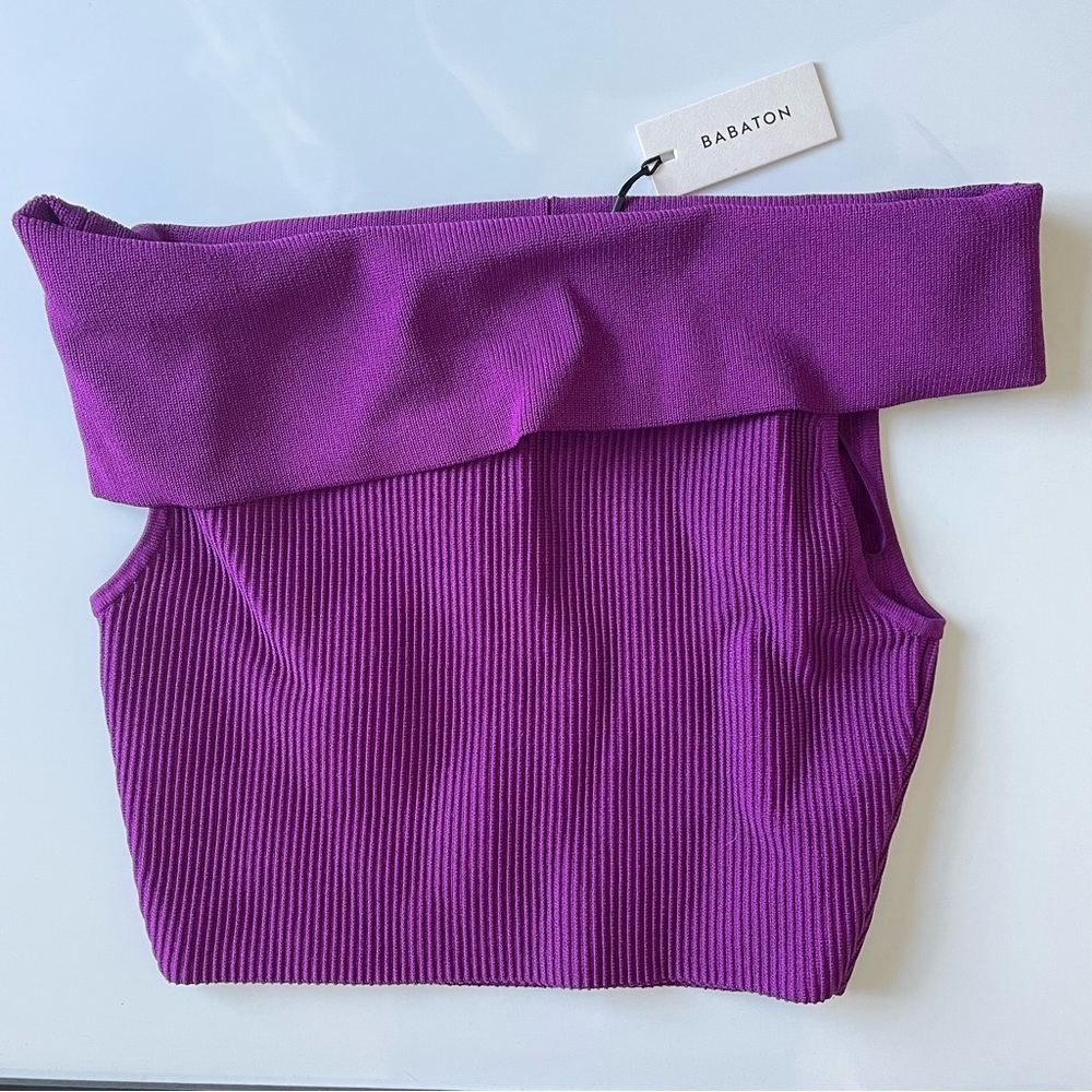 Babaton Sculpt Knit Off Shoulder Top Ube Purple Size Medium NWT